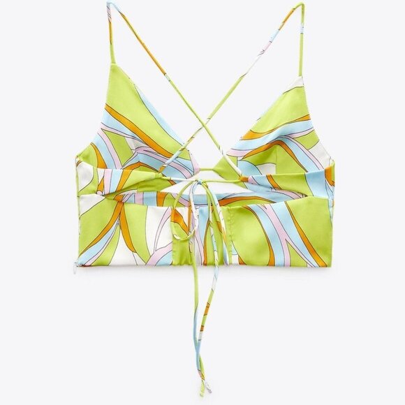 NWT Zara Satin Lime Multi Retro Psychadelic Crop Top size S - Picture 4 of 12